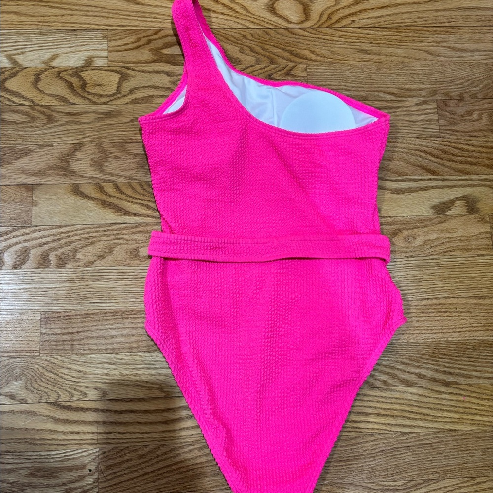 NEW Hot Pink Textured One- Shoulder Swimsuit w/ Belt Sz S - Picture 5 of 7